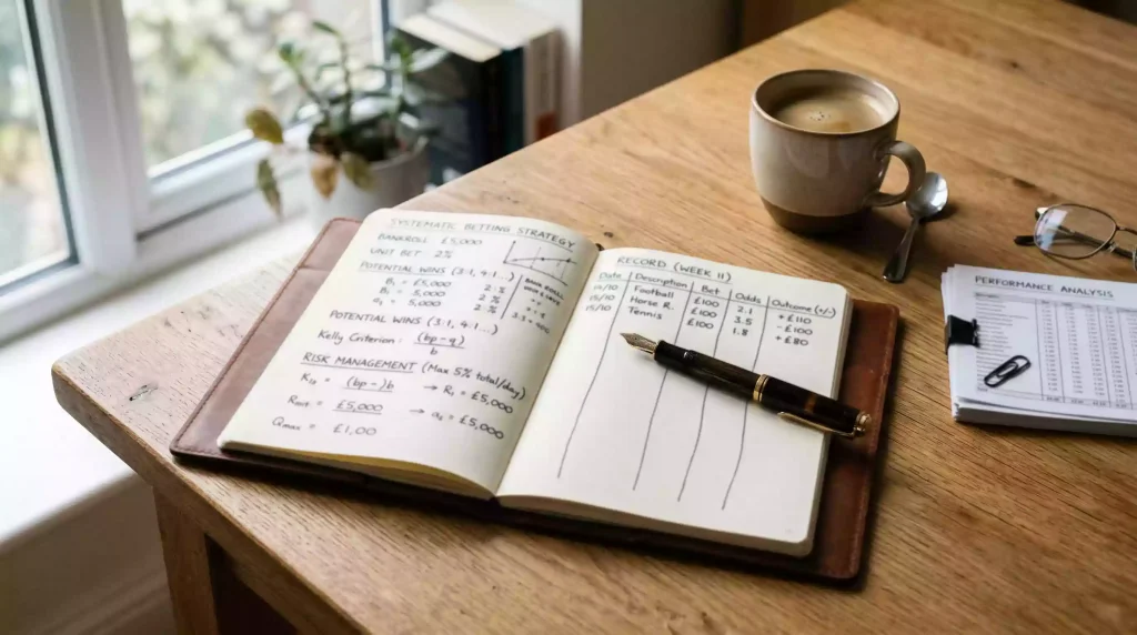 Bankroll-Management bei Pferdewetten – Notizbuch mit Wettstrategie und Stift