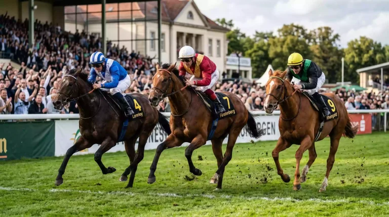 Deutsche Galopprennen-Klassiker – Vollblutpferde im Zieleinlauf bei einem Gruppe-Rennen