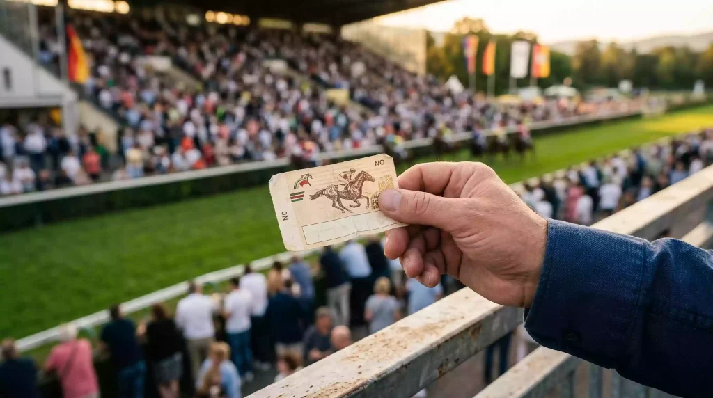 Each-Way-Wette erklärt – Hand hält Wettschein vor Pferderennen