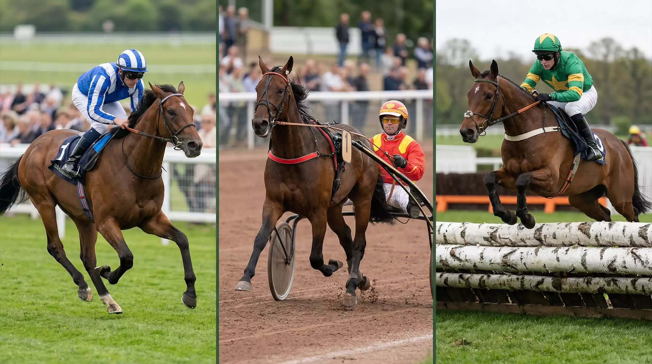 Vergleich der drei Pferderenndisziplinen Galopp Trab und Hindernisrennen