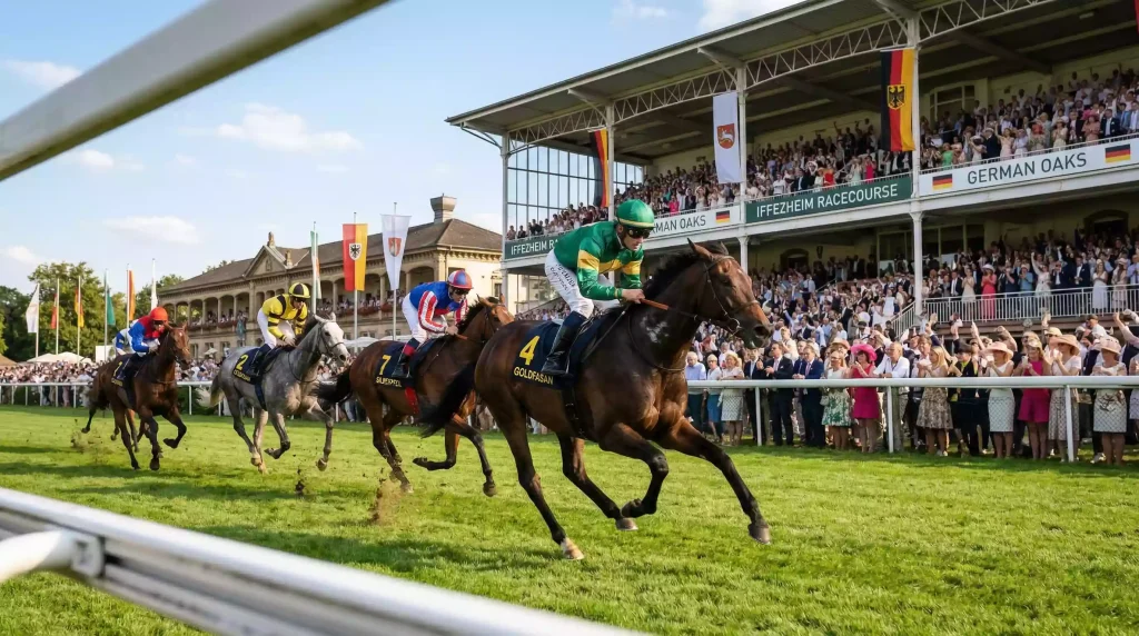 Große Woche Baden-Baden – Galopprennbahn Iffezheim mit Zuschauern und Rennpferden