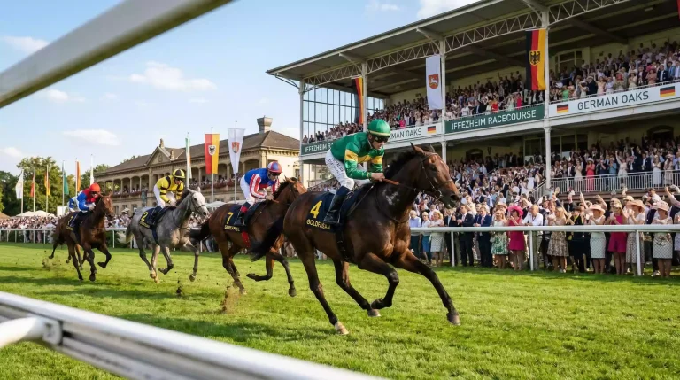 Große Woche Baden-Baden – Galopprennbahn Iffezheim mit Zuschauern und Rennpferden