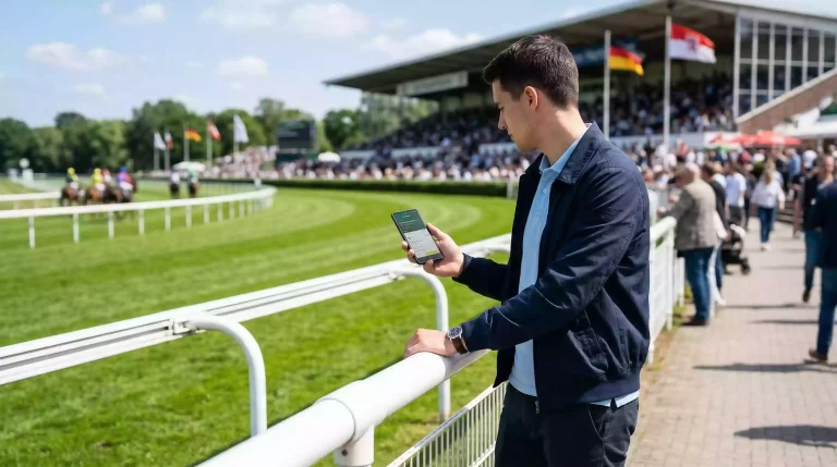 Pferdewetten-App – Smartphone mit Wettschein vor der Rennbahn