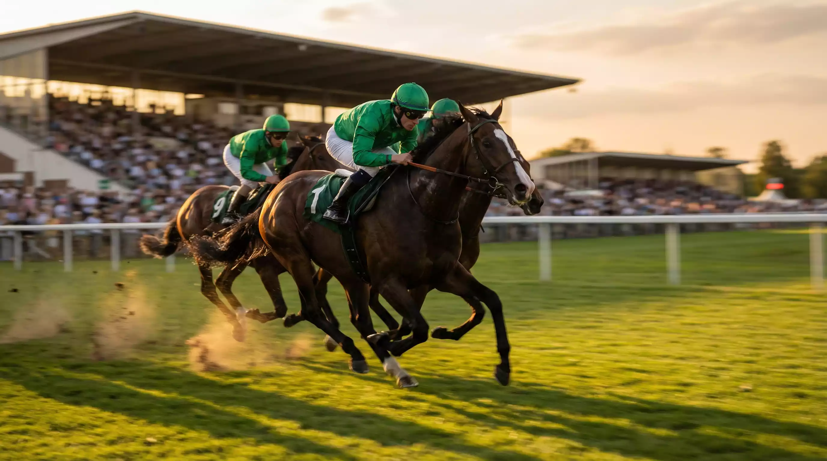 Galopprennen auf einer deutschen Rennbahn mit Jockeys und Vollblutpferden im Zieleinlauf