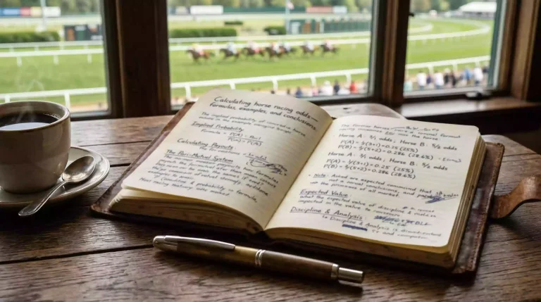 Pferdewetten-Quoten berechnen – Notizblock mit Formel vor Rennbahn